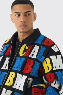 Boxy Letter Badge Collared Varsity Jacket In Black | BoohooMAN UK