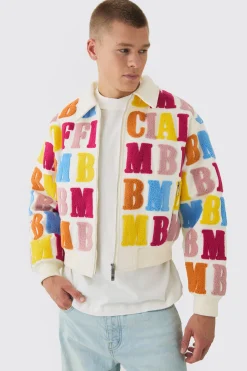 Boxy Letter Badge Collared Varsity Jacket In Ecru | BoohooMAN UK