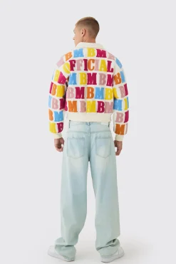 Boxy Letter Badge Collared Varsity Jacket In Ecru | BoohooMAN UK