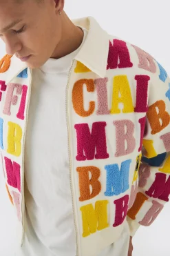 Boxy Letter Badge Collared Varsity Jacket In Ecru | BoohooMAN UK