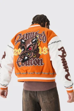 Boxy Limited Badge Pu Sleeve Varsity Jacket In Orange | BoohooMAN UK