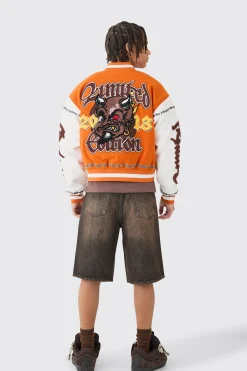 Boxy Limited Badge Pu Sleeve Varsity Jacket In Orange | BoohooMAN UK
