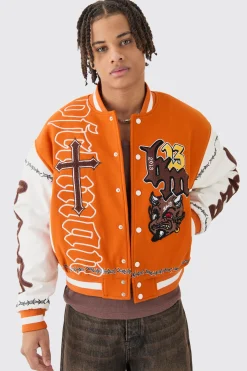 Boxy Limited Badge Pu Sleeve Varsity Jacket In Orange | BoohooMAN UK