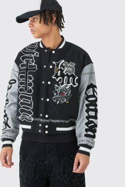 Boxy Limited Badge Pu Sleeve Varsity Jacket In Black | BoohooMAN UK