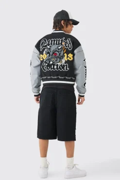 Boxy Limited Badge Pu Sleeve Varsity Jacket In Black | BoohooMAN UK