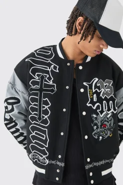 Boxy Limited Badge Pu Sleeve Varsity Jacket In Black | BoohooMAN UK