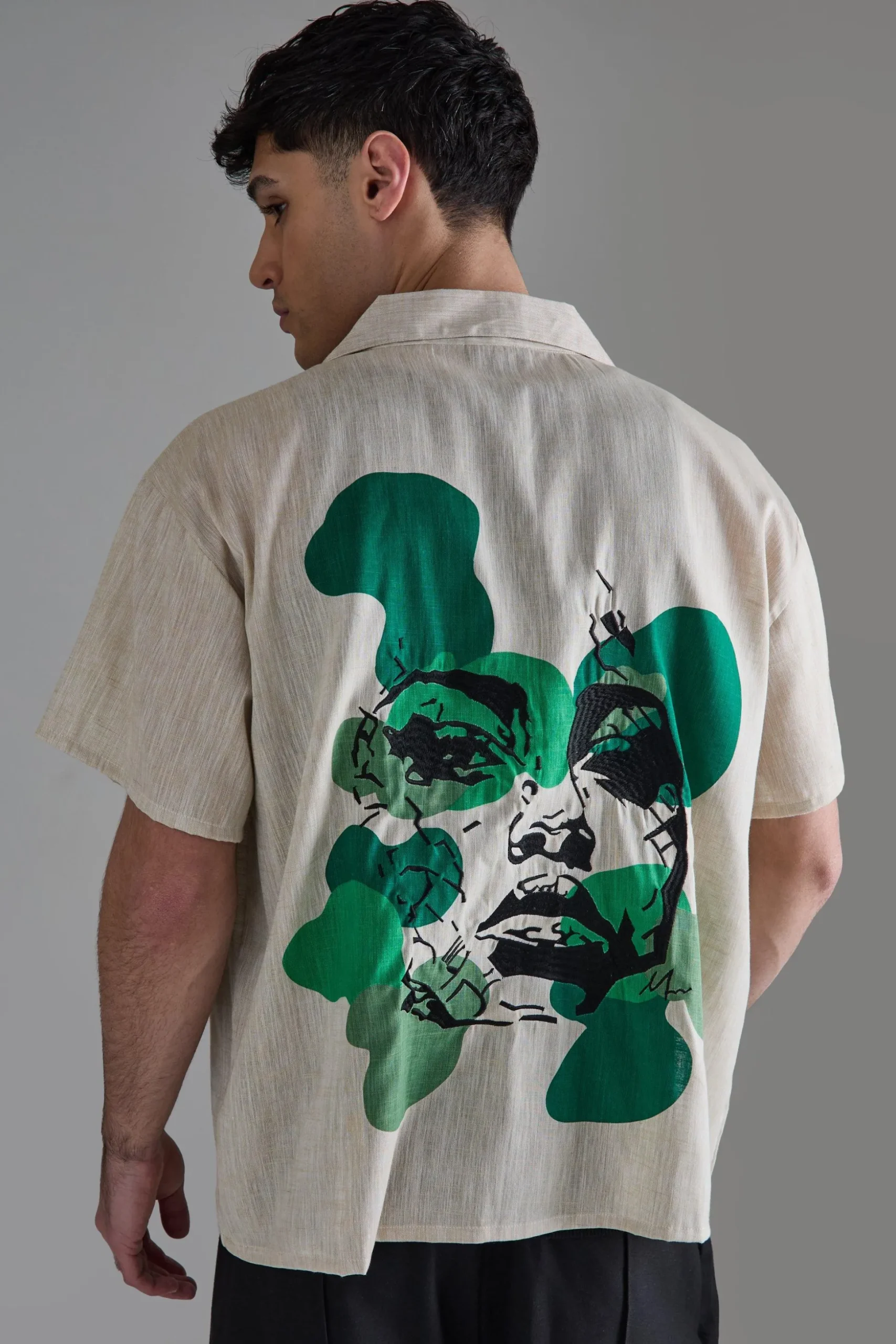 Boxy Linen Back Embroidered Shirt | BoohooMAN UK