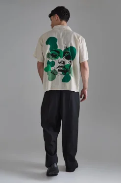 Boxy Linen Back Embroidered Shirt | BoohooMAN UK