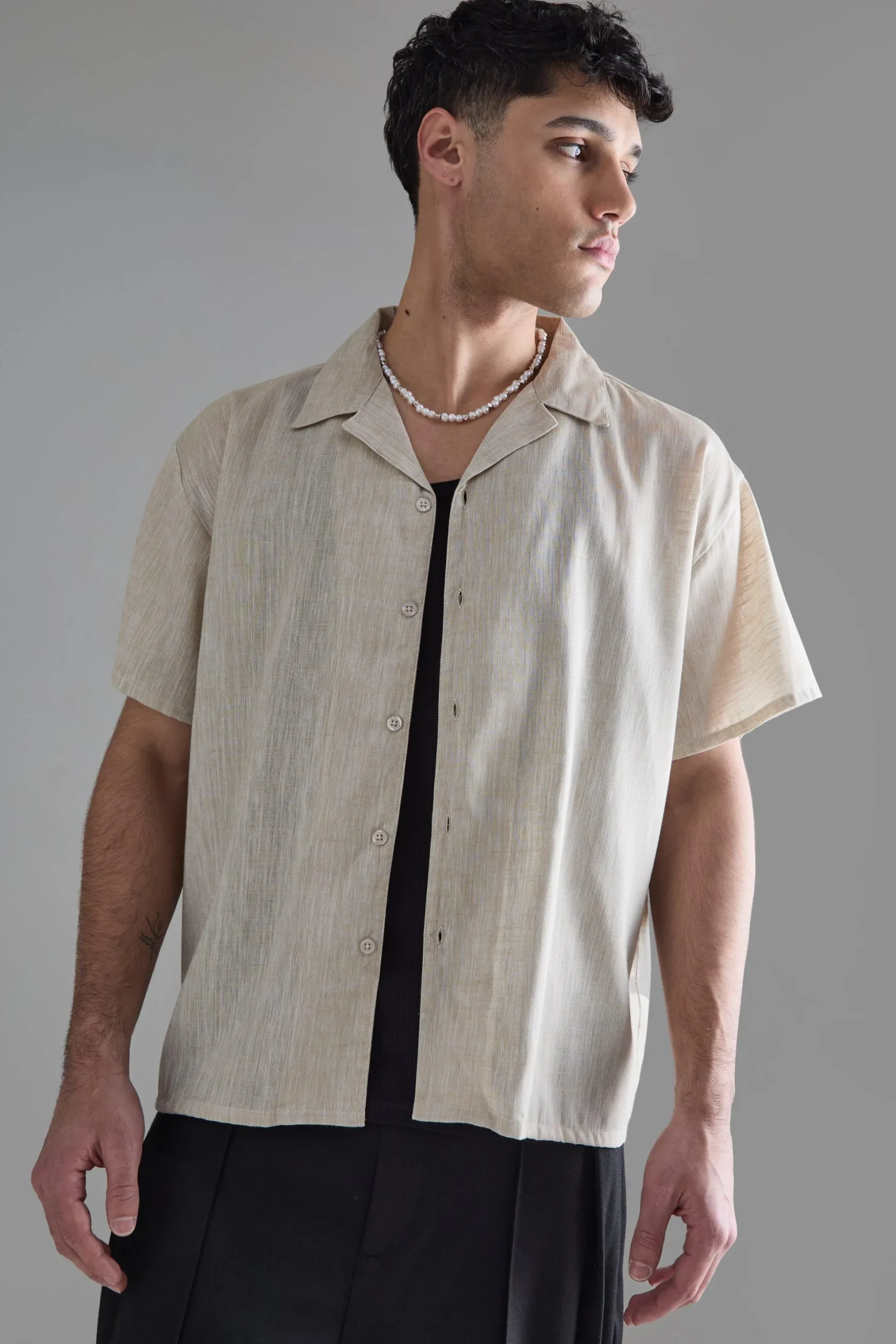 Boxy Linen Back Embroidered Shirt | BoohooMAN UK