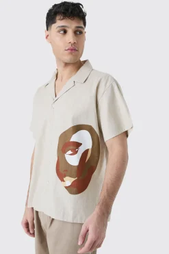 Boxy Linen Look Hem Placement Print Shirt | BoohooMAN UK