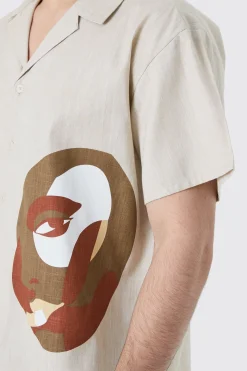 Boxy Linen Look Hem Placement Print Shirt | BoohooMAN UK