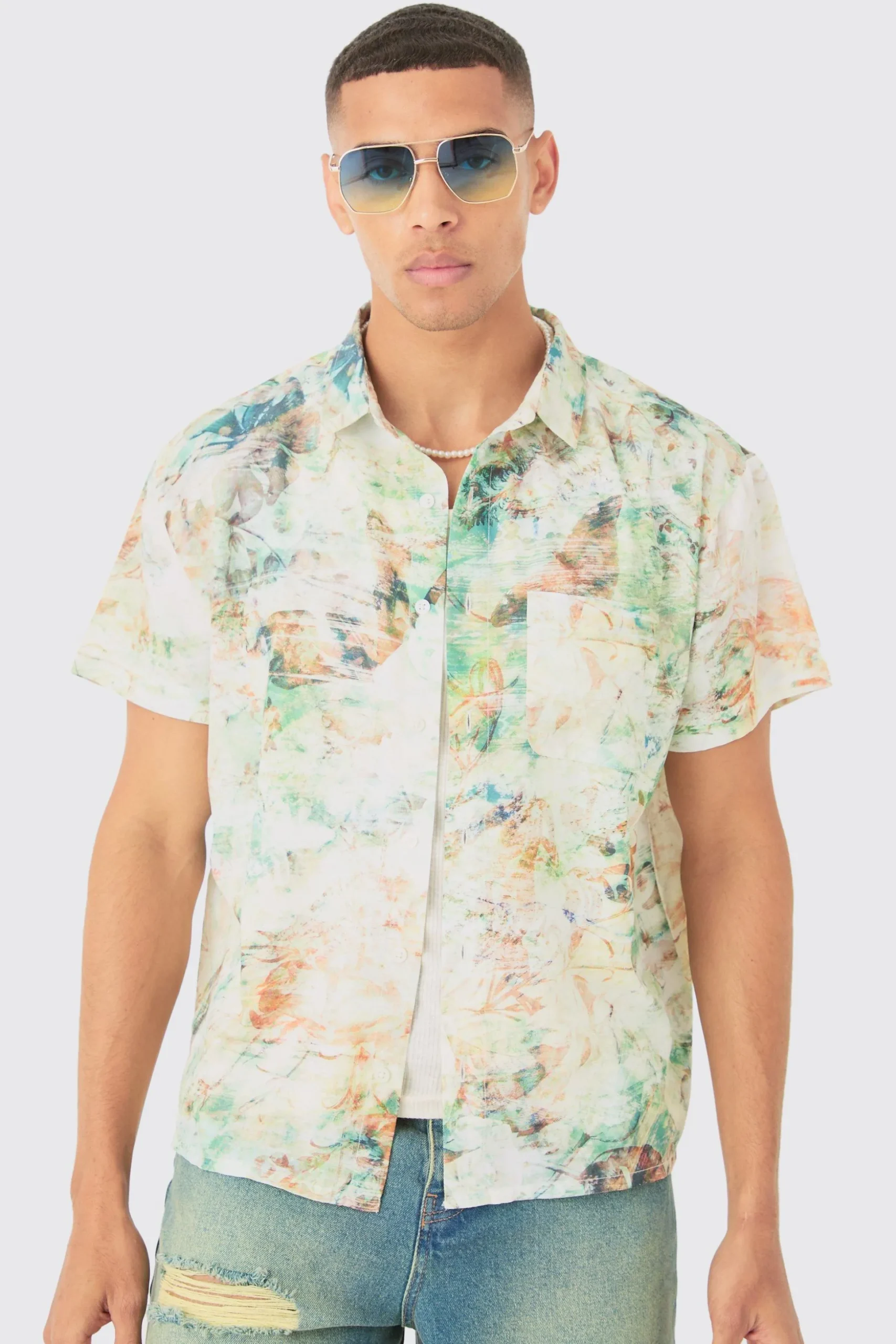 Boxy Linen Look Watercolour Shirt | BoohooMAN UK