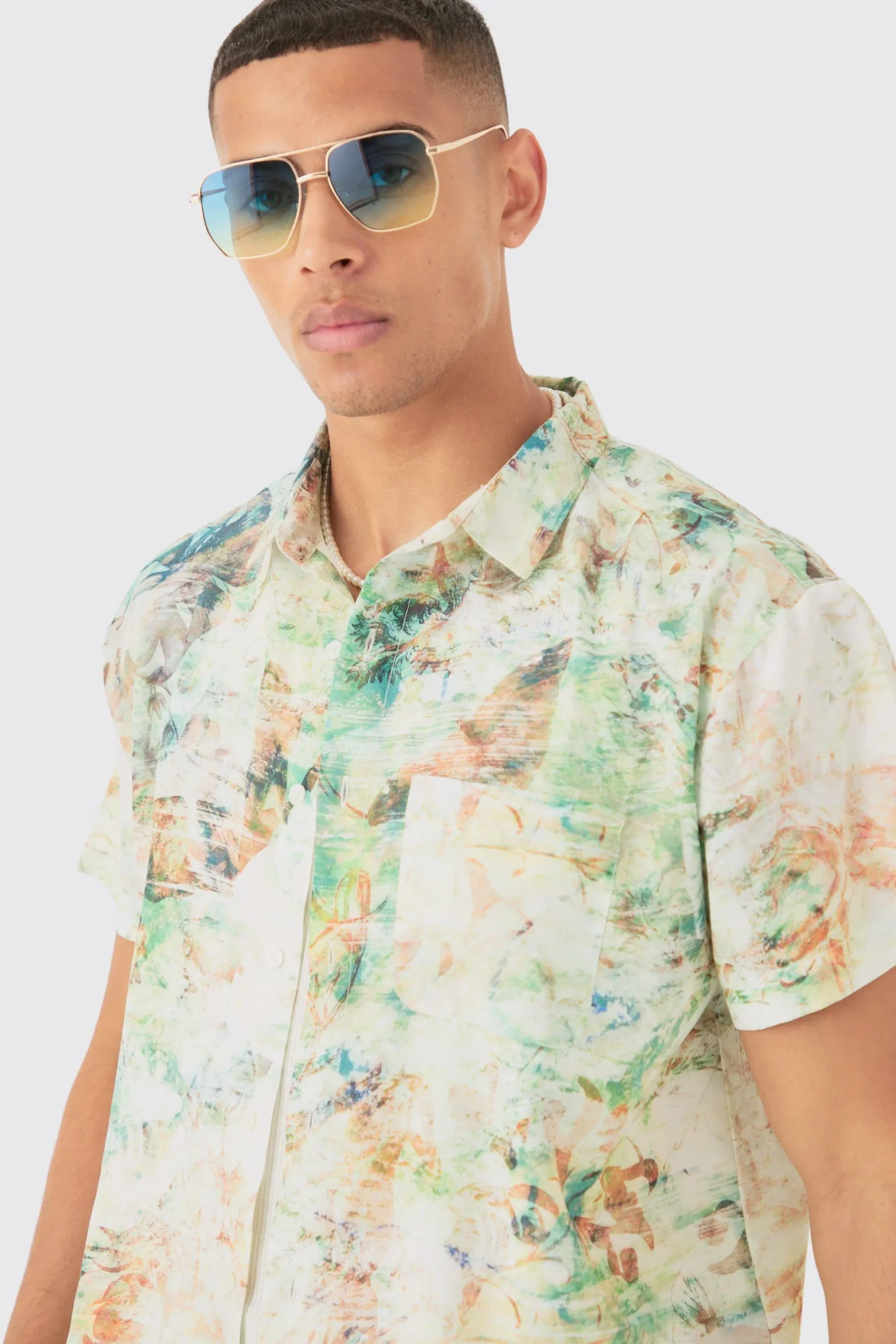 Boxy Linen Look Watercolour Shirt | BoohooMAN UK