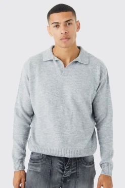 Boxy Long Sleeve Knitted Revere Polo | BoohooMAN UK
