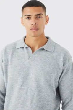 Boxy Long Sleeve Knitted Revere Polo | BoohooMAN UK