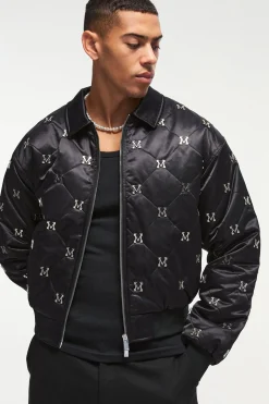 Boxy M Embellished Satin Bomber Jacket In Black | BoohooMAN UK