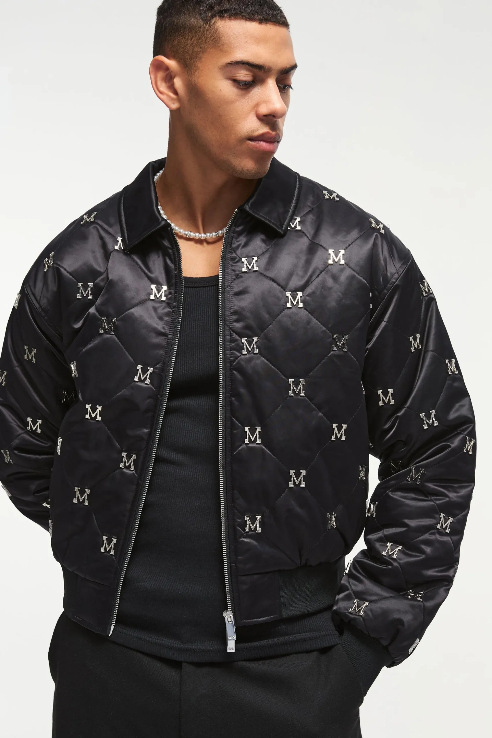 Boxy M Embellished Satin Bomber Jacket In Black | BoohooMAN UK