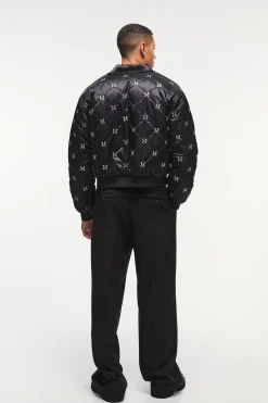 Boxy M Embellished Satin Bomber Jacket In Black | BoohooMAN UK