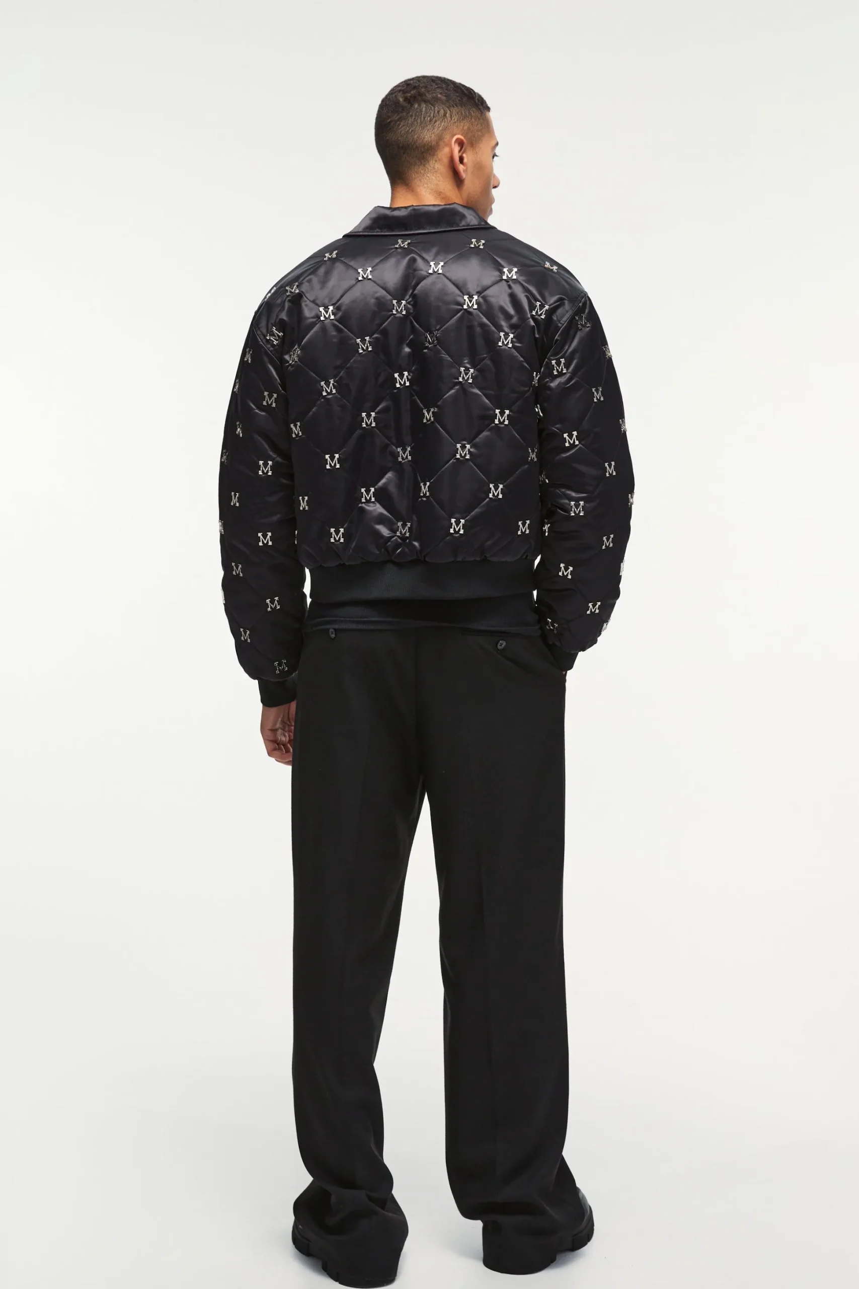 Boxy M Embellished Satin Bomber Jacket In Black | BoohooMAN UK