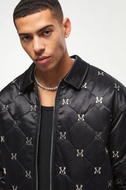 Boxy M Embellished Satin Bomber Jacket In Black | BoohooMAN UK