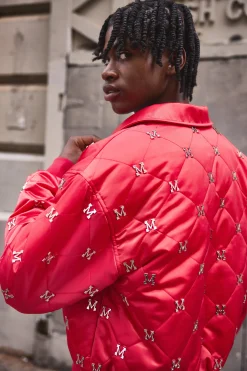 Boxy M Embellished Satin Bomber Jacket In Red | BoohooMAN UK