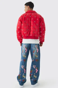 Boxy M Embellished Satin Bomber Jacket In Red | BoohooMAN UK