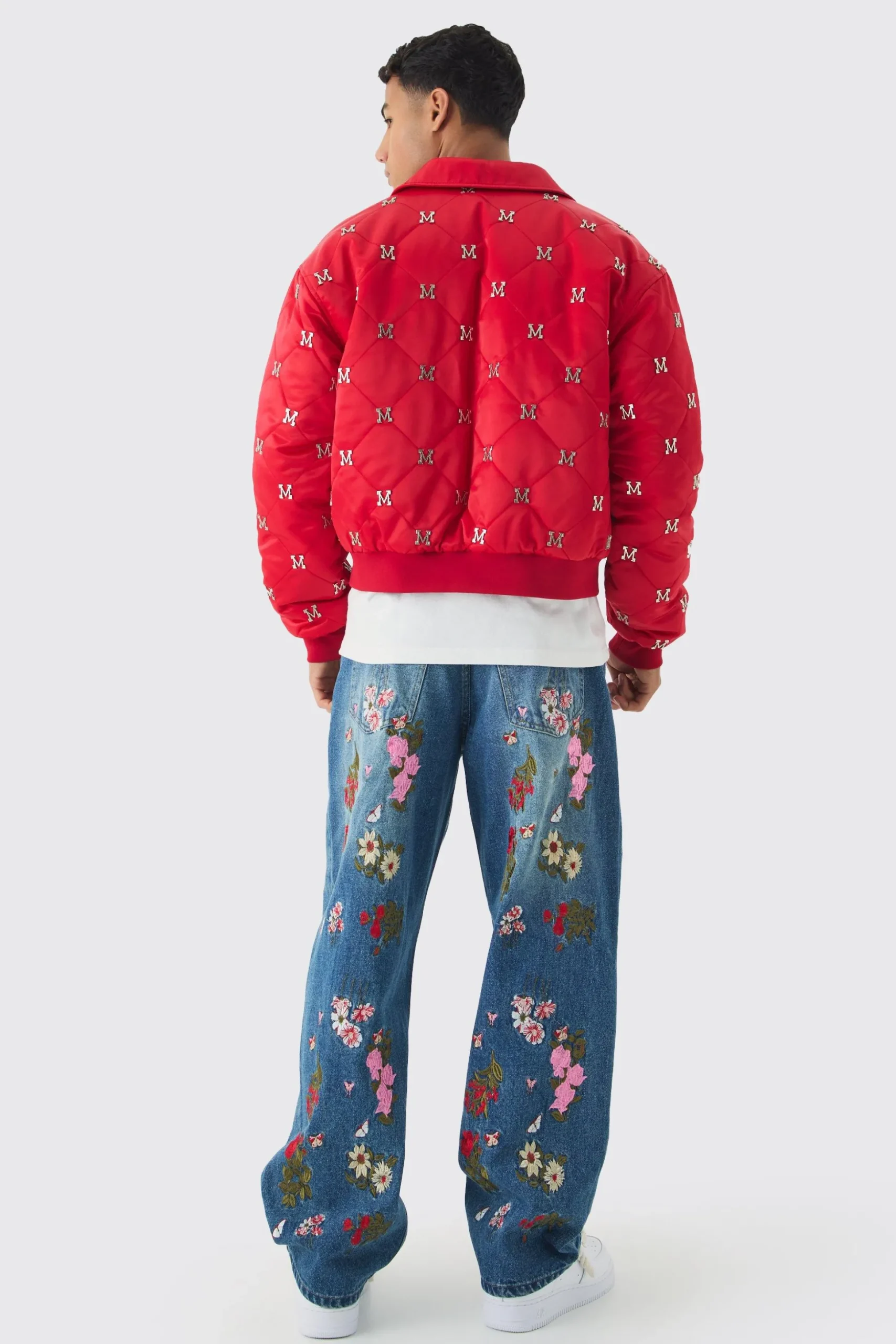 Boxy M Embellished Satin Bomber Jacket In Red | BoohooMAN UK
