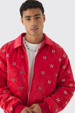 Boxy M Embellished Satin Bomber Jacket In Red | BoohooMAN UK