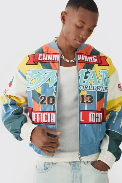 Boxy Man Dice Embroidered PU Bomber Jacket In Black | BoohooMAN UK