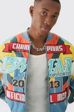 Boxy Man Dice Embroidered PU Bomber Jacket In Black | BoohooMAN UK