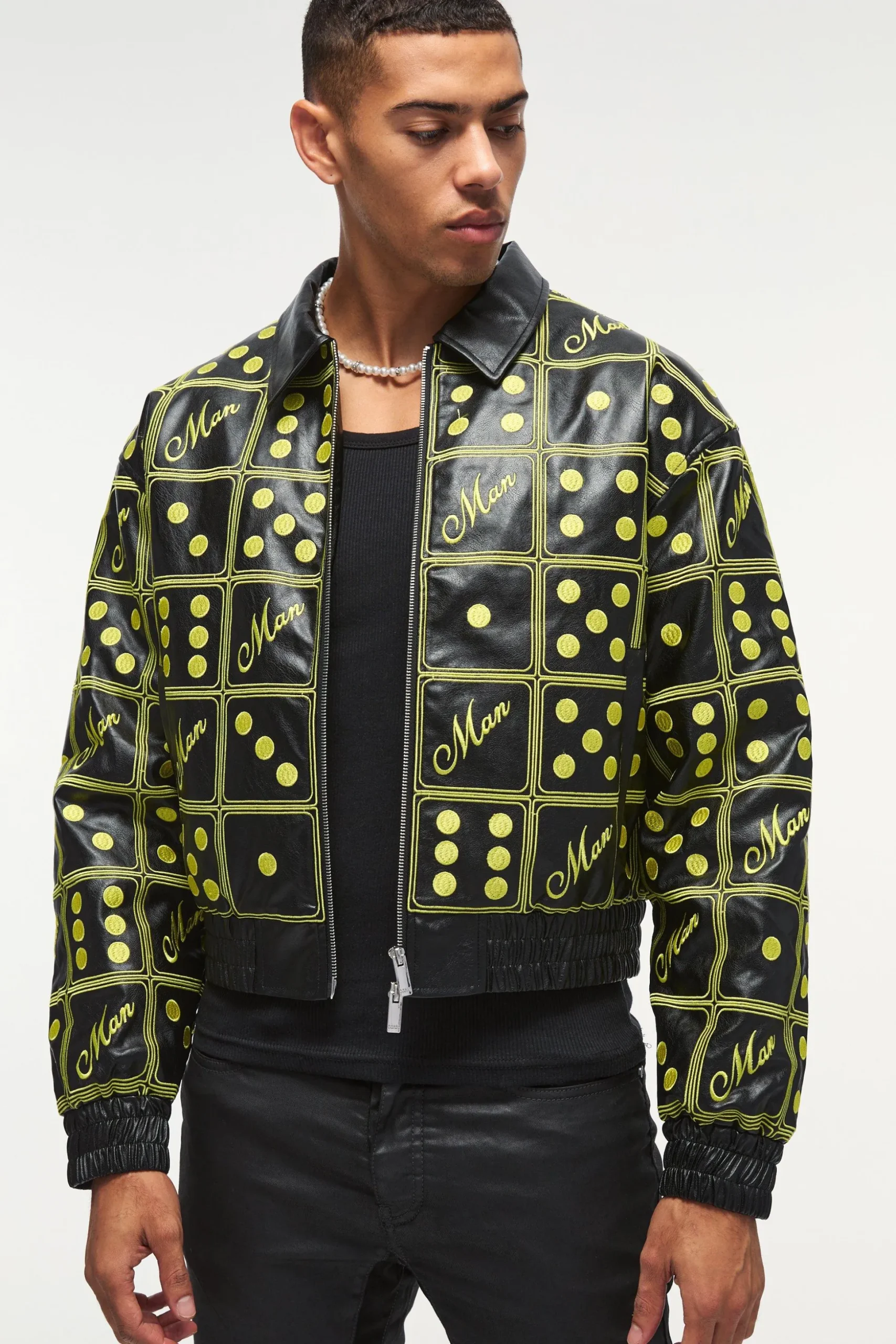 Boxy Man Dice Embroidered Pu Bomber Jacket In Black | BoohooMAN UK