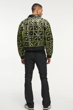 Boxy Man Dice Embroidered Pu Bomber Jacket In Black | BoohooMAN UK