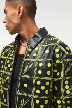 Boxy Man Dice Embroidered Pu Bomber Jacket In Black | BoohooMAN UK