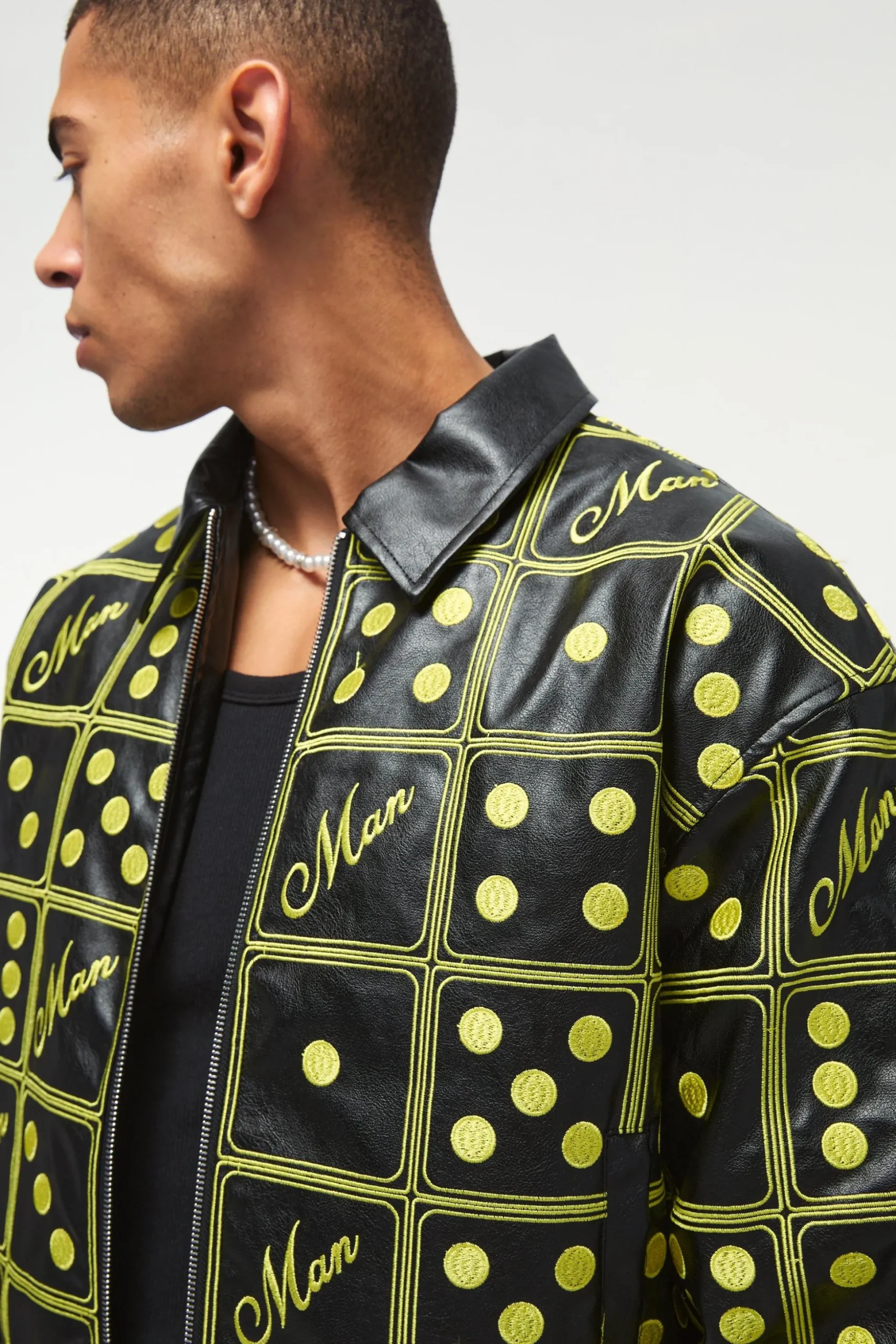 Boxy Man Dice Embroidered Pu Bomber Jacket In Black | BoohooMAN UK