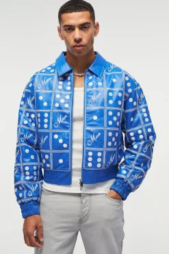 Boxy Man Dice Embroidered PU Bomber Jacket In Blue | BoohooMAN UK