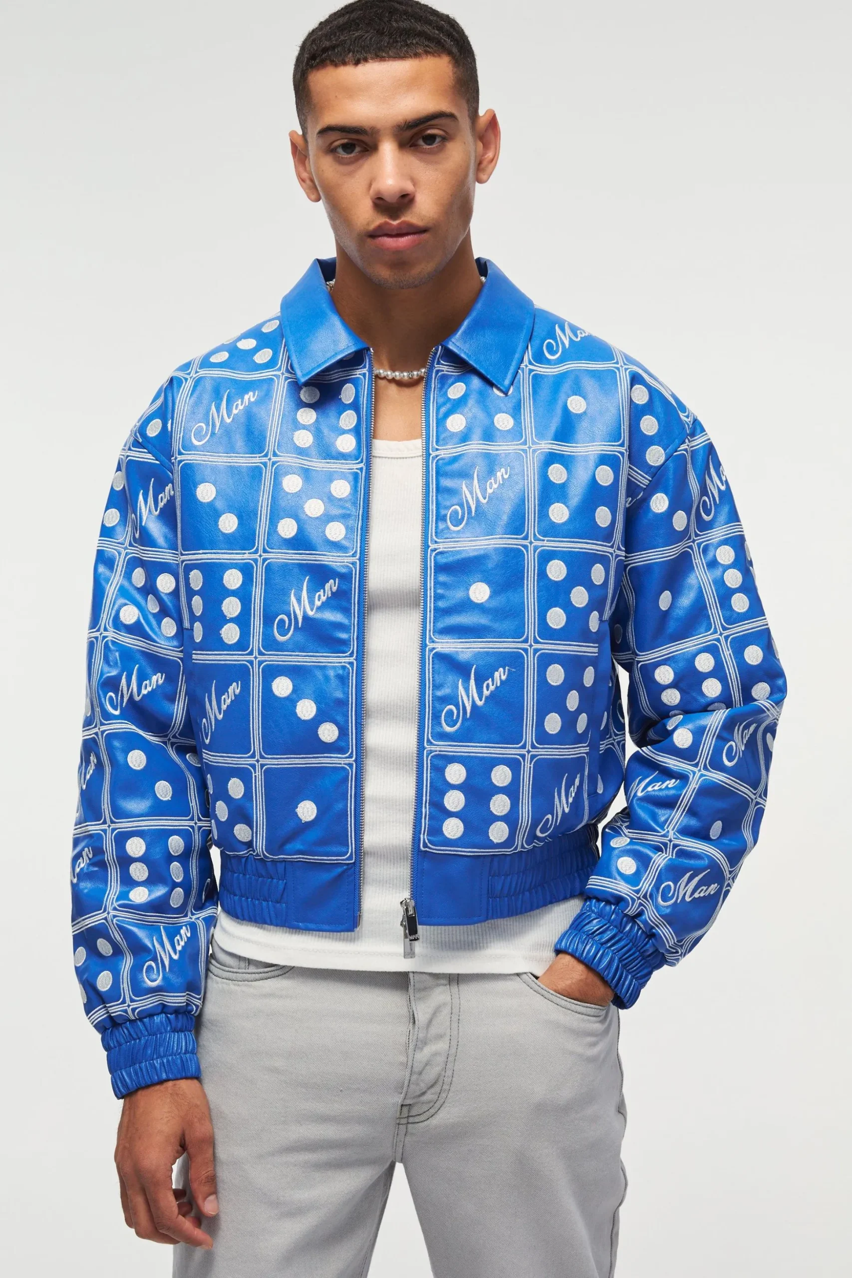 Boxy Man Dice Embroidered PU Bomber Jacket In Blue | BoohooMAN UK