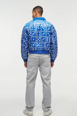 Boxy Man Dice Embroidered PU Bomber Jacket In Blue | BoohooMAN UK