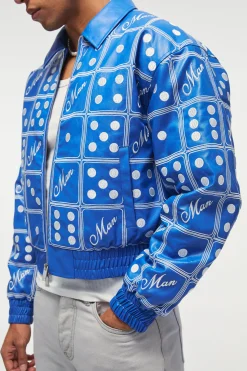Boxy Man Dice Embroidered PU Bomber Jacket In Blue | BoohooMAN UK
