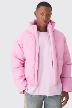 Boxy Matte Pu Funnel Neck Puffer In Pink | BoohooMAN UK