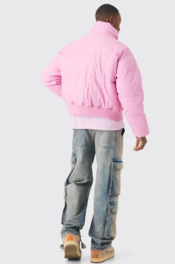 Boxy Matte Pu Funnel Neck Puffer In Pink | BoohooMAN UK