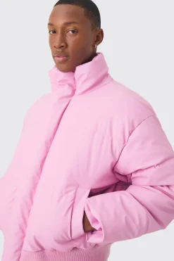 Boxy Matte Pu Funnel Neck Puffer In Pink | BoohooMAN UK