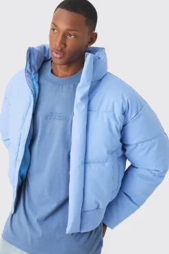 Boxy Matte Pu Funnel Neck Puffer In Blue | BoohooMAN UK