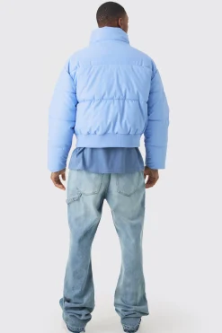 Boxy Matte Pu Funnel Neck Puffer In Blue | BoohooMAN UK