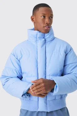 Boxy Matte Pu Funnel Neck Puffer In Blue | BoohooMAN UK