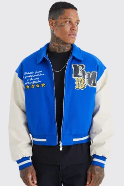 Boxy Melton & Pu Collared Varsity Jacket | BoohooMAN UK