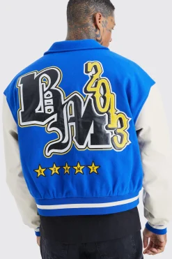 Boxy Melton & Pu Collared Varsity Jacket | BoohooMAN UK