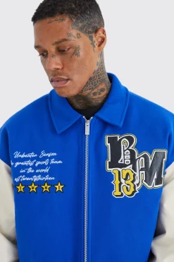 Boxy Melton & Pu Collared Varsity Jacket | BoohooMAN UK