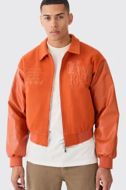 Boxy Melton & Pu Collared Varsity Jacket | BoohooMAN UK