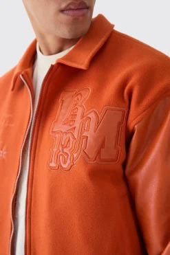 Boxy Melton & Pu Collared Varsity Jacket | BoohooMAN UK