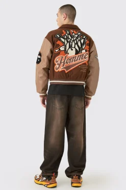 Boxy Melton & Pu Collared Varsity Jacket | BoohooMAN UK